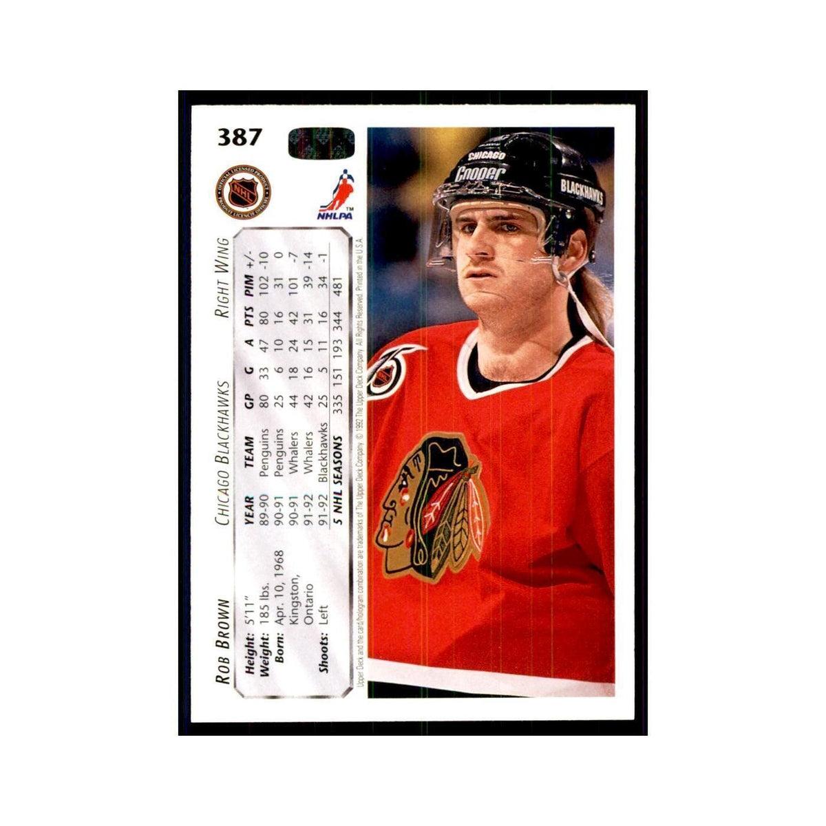 1992 Upper Deck Rob Brown Hockey Cards #387