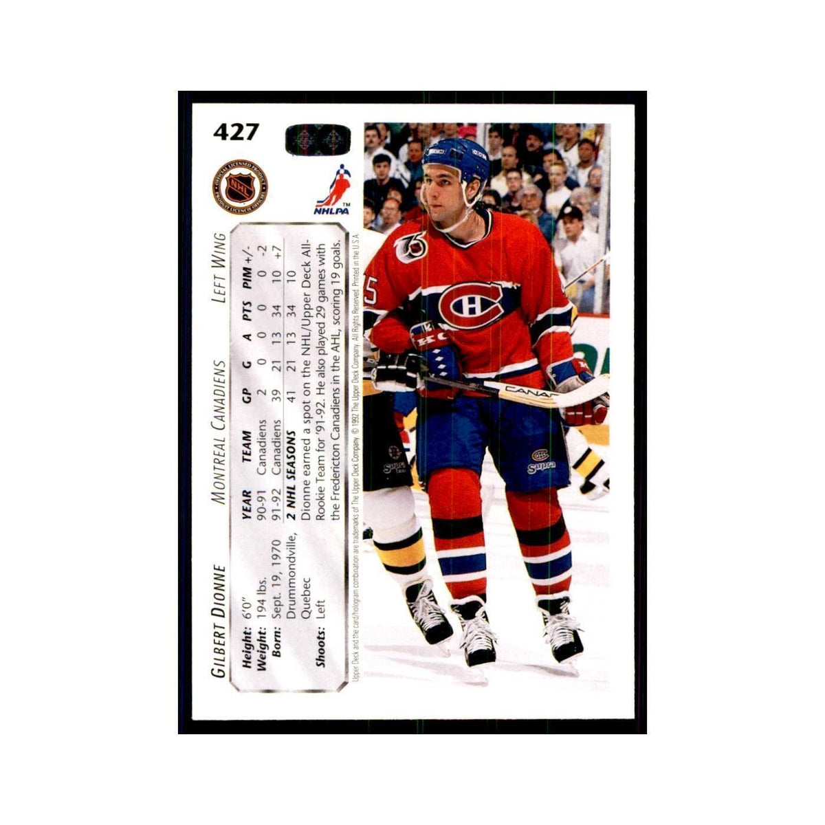1992 Upper Deck Gilbert Dionne Hockey Cards #427