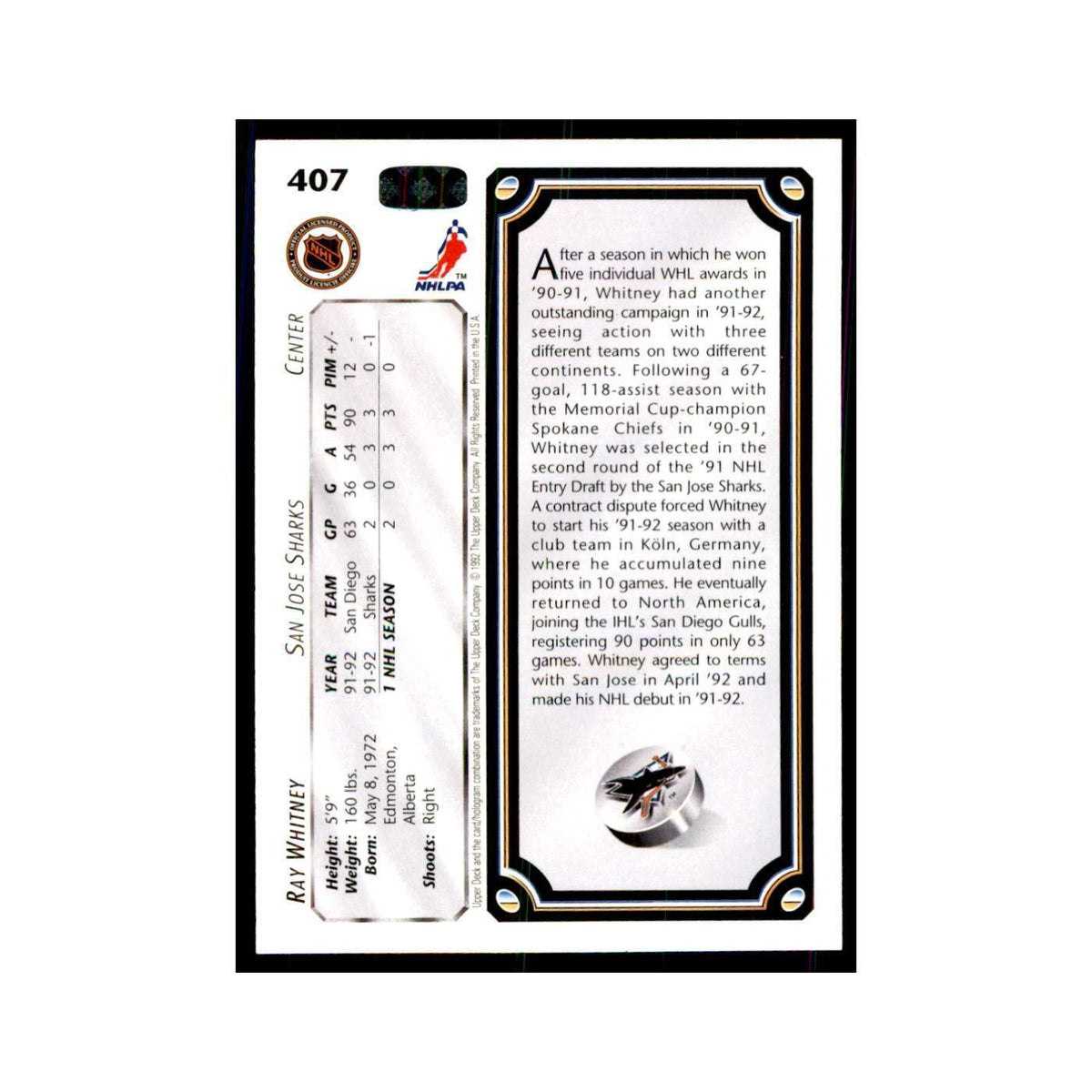 1992 Upper Deck Ray Whitney Hockey Cards #407