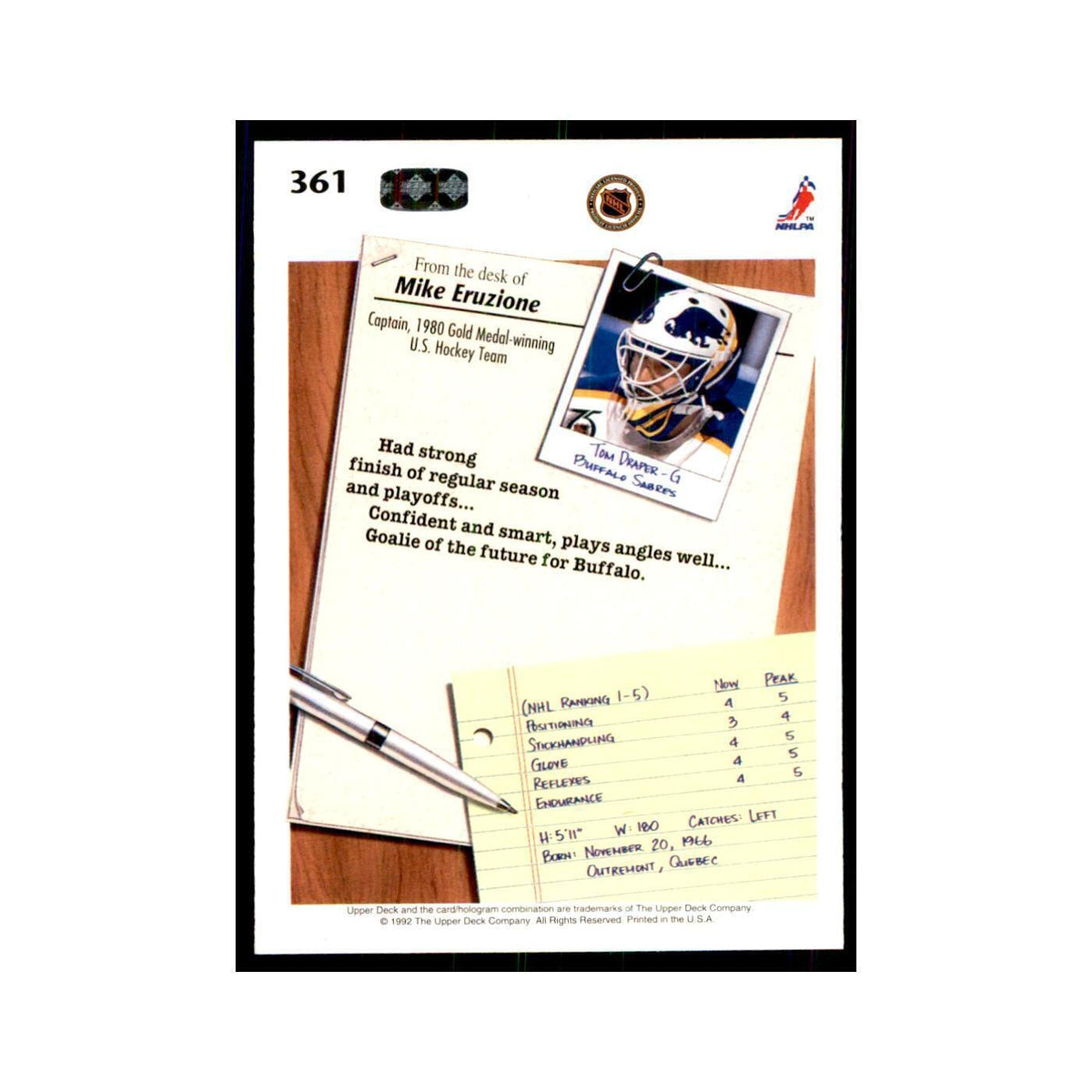 1992 Upper Deck Tom Draper Hockey Cards #361