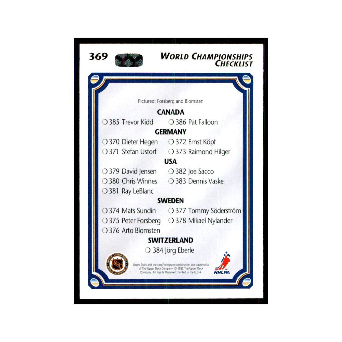 1992 Upper Deck World Championships Checklist Hockey Cards #369