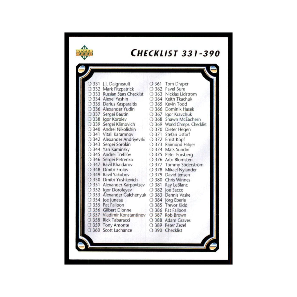 1992 Upper Deck Checklist 331-440 Hockey Cards #390