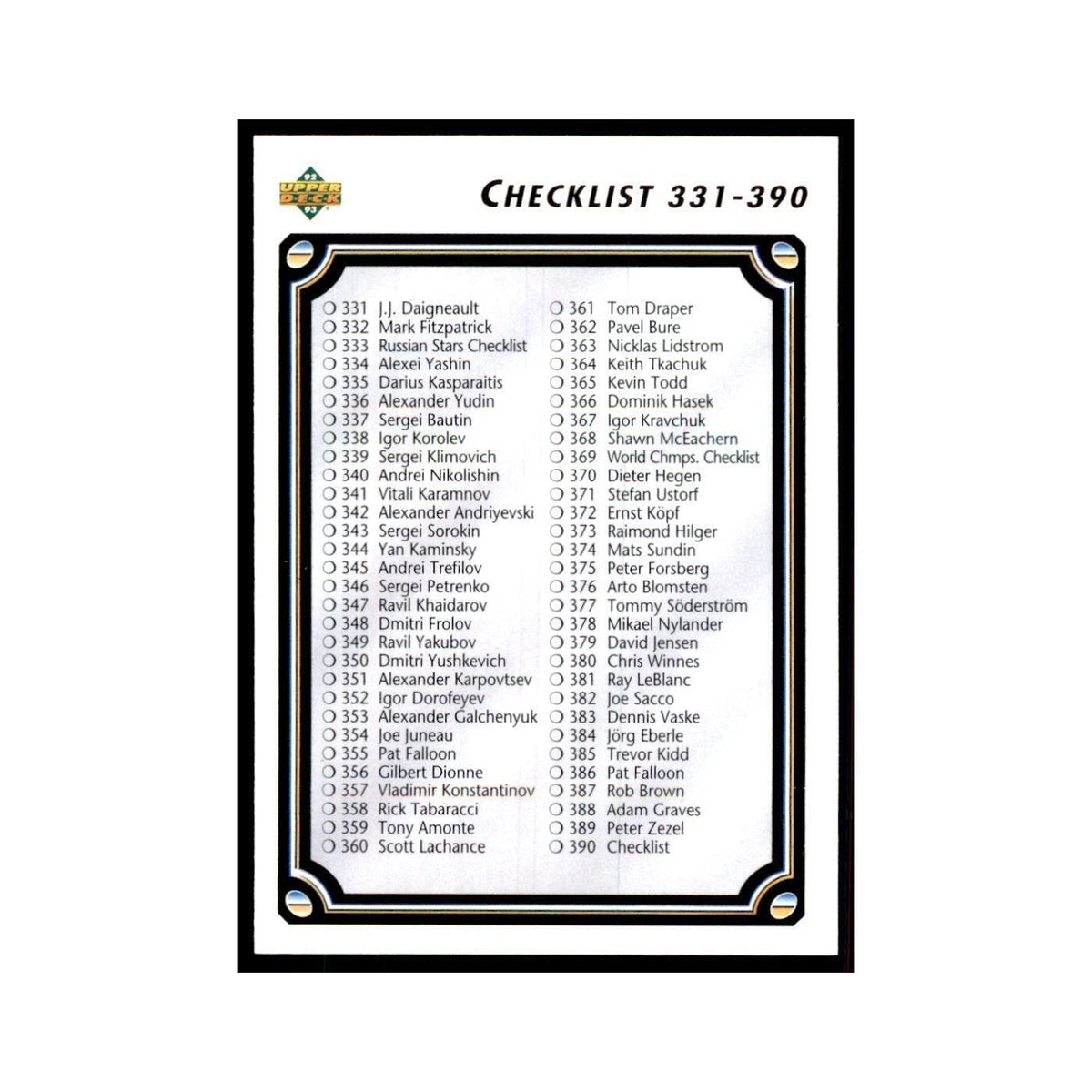 1992 Upper Deck Checklist 331-440 Hockey Cards #390