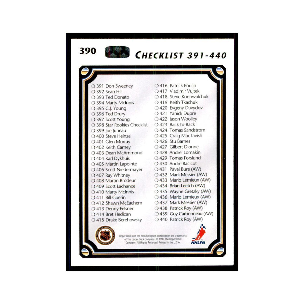 1992 Upper Deck Checklist 331-440 Hockey Cards #390