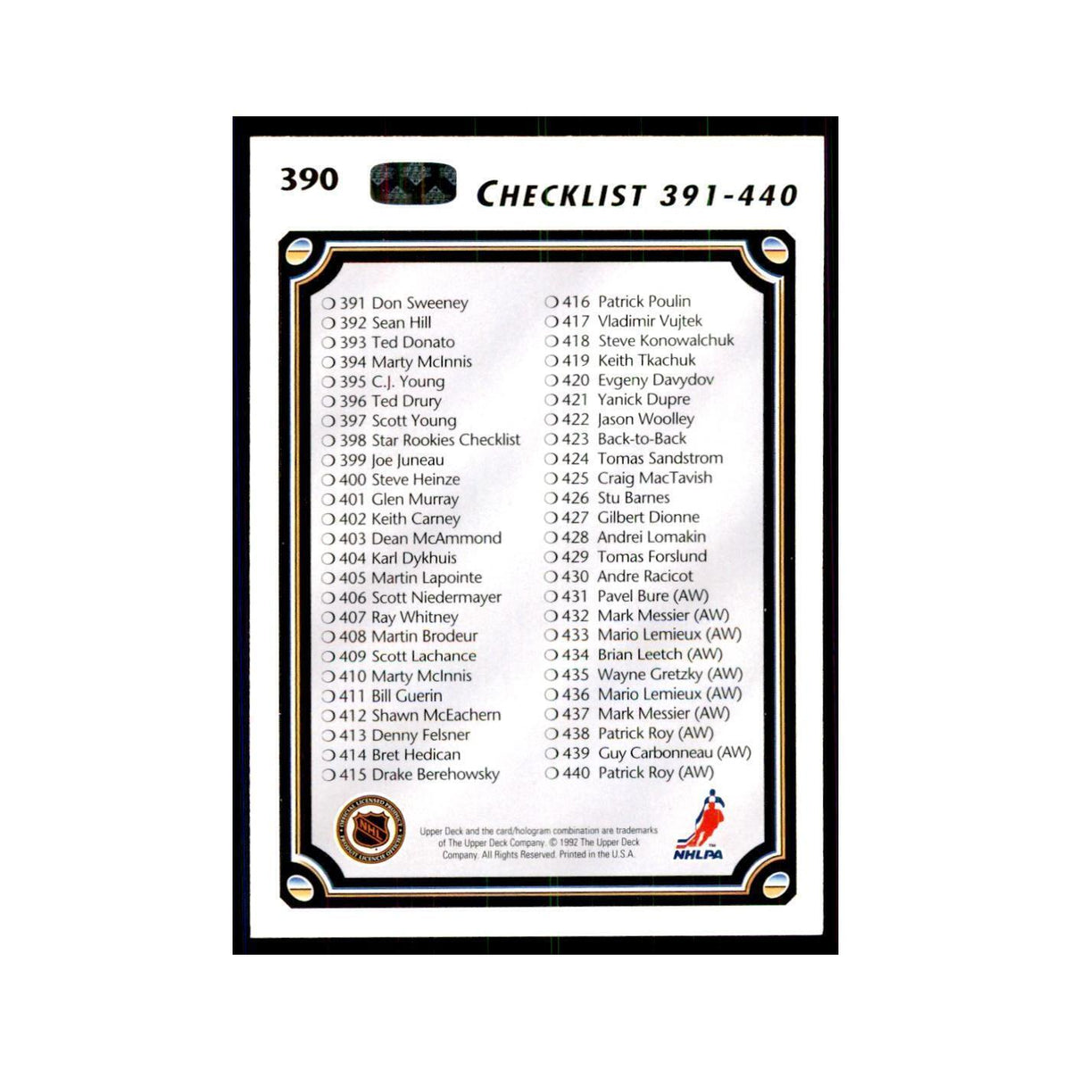 1992 Upper Deck Checklist 331-440 Hockey Cards #390