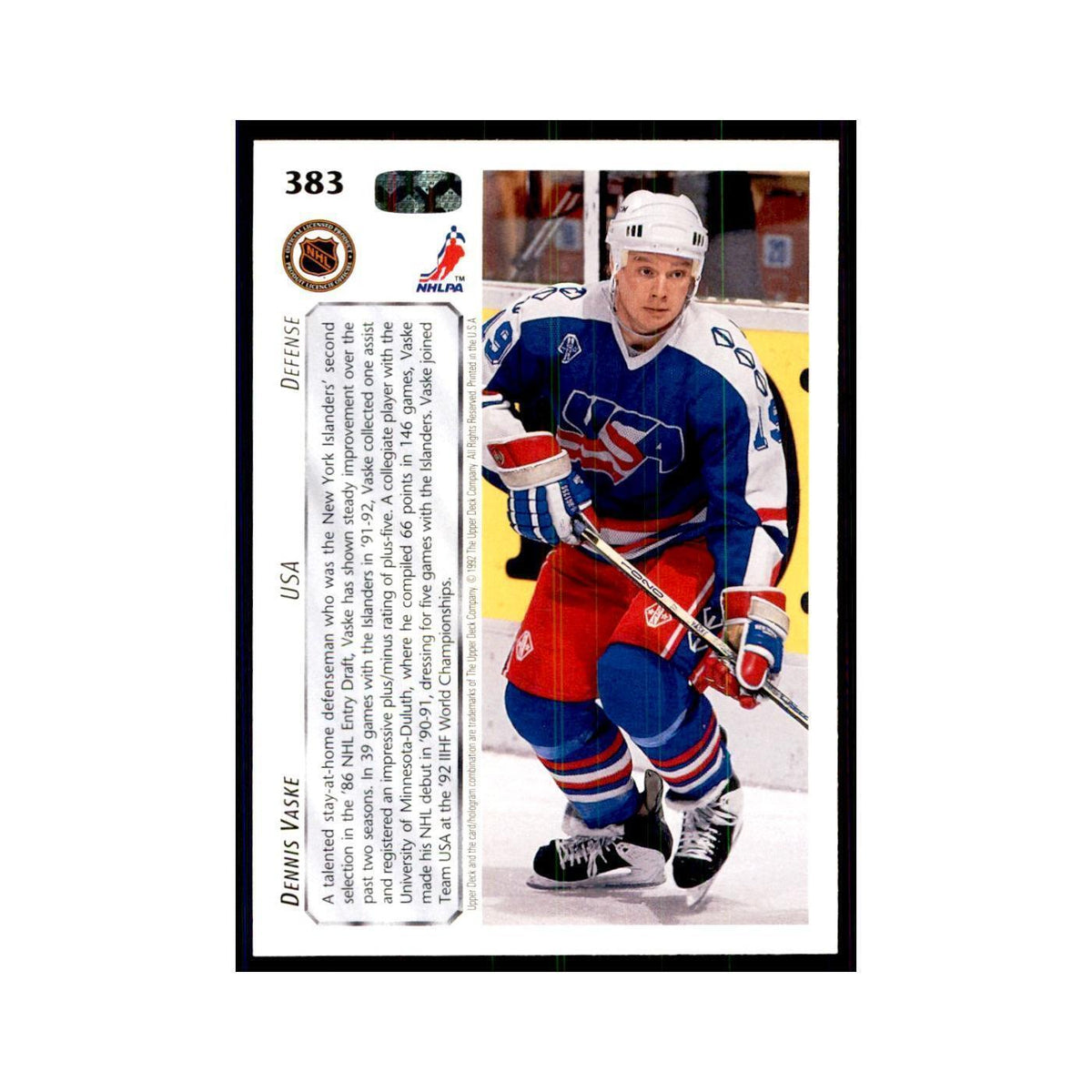 1992 Upper Deck Dennis Vaske Hockey Cards #383