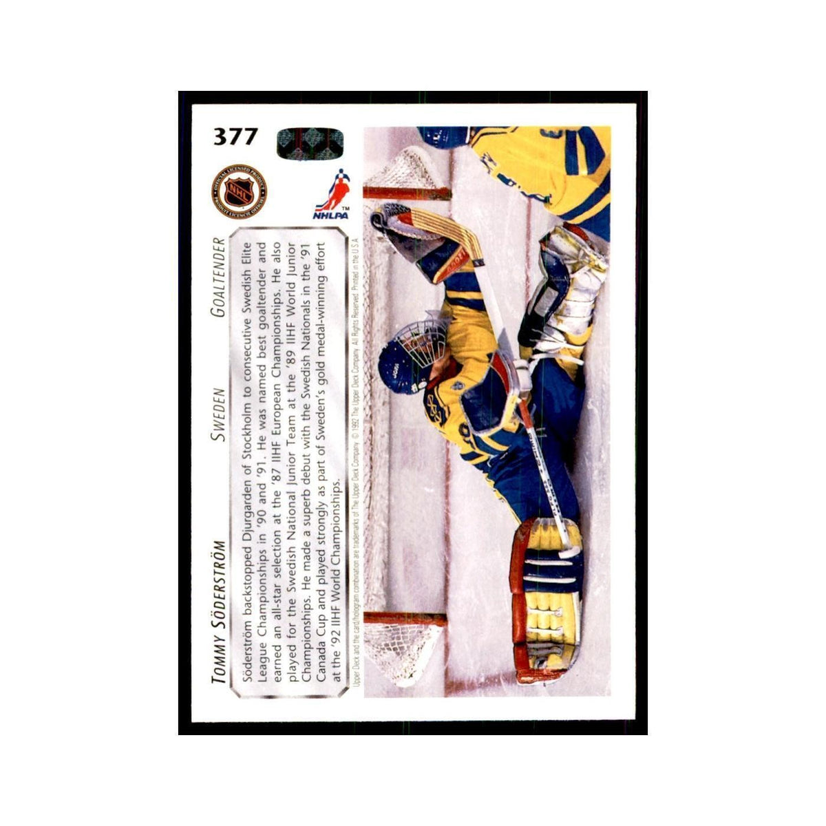 1992 Upper Deck Tommy Soderstrom Hockey Cards #377