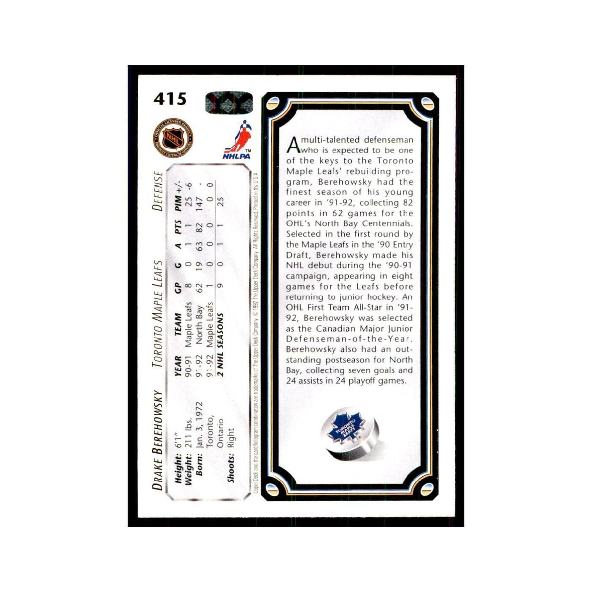 1992 Upper Deck Drake Berehowsky Hockey Cards #415