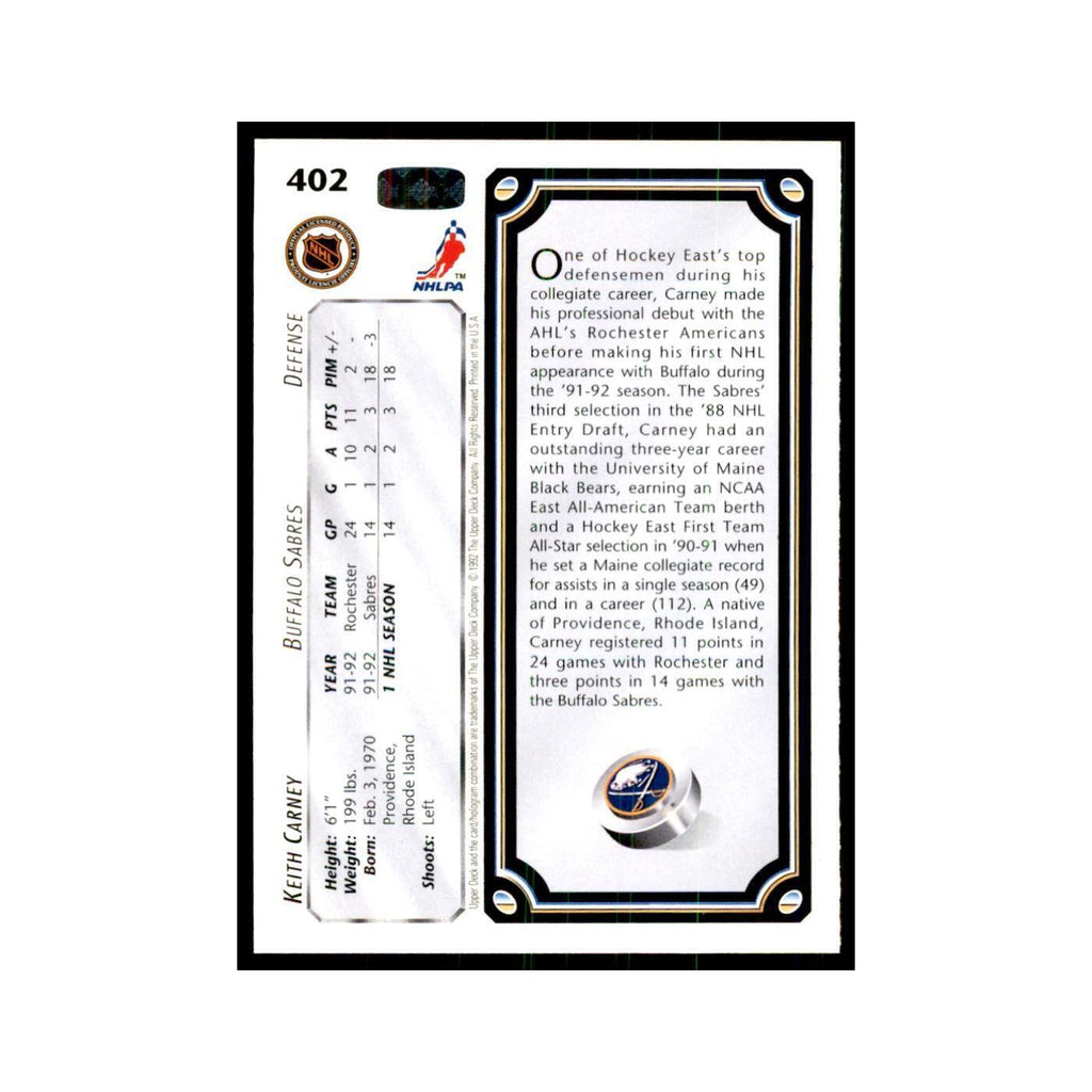 1992 Upper Deck Keith Carney Hockey Cards #402