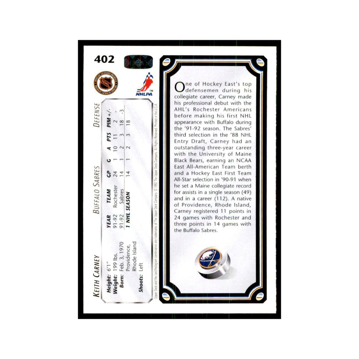 1992 Upper Deck Keith Carney Hockey Cards #402