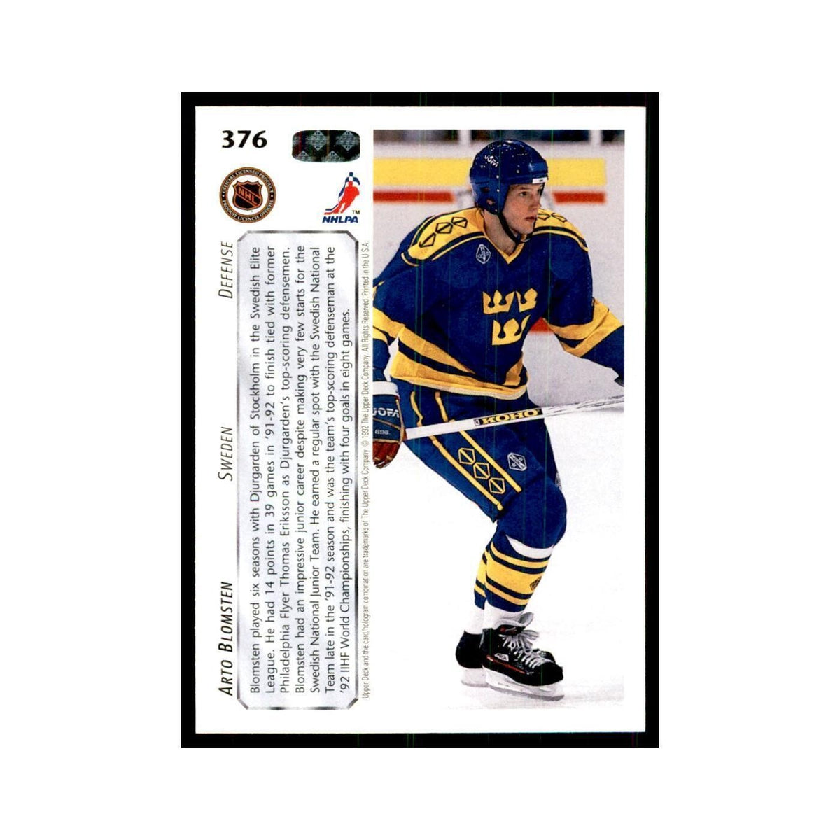 1992 Upper Deck Arto Blomsten Hockey Cards #376