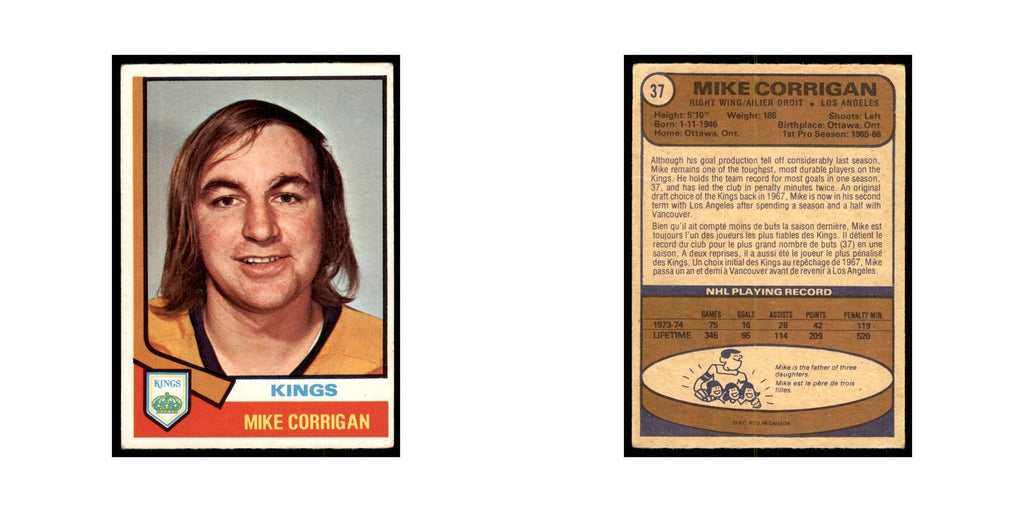 1974 O-Pee-Chee Mike Corrigan (Damaged) Los Angeles Kings #37
