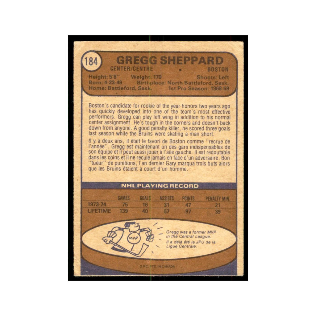 1974 O-Pee-Chee Gregg Sheppard (Damaged) Boston Bruins #184