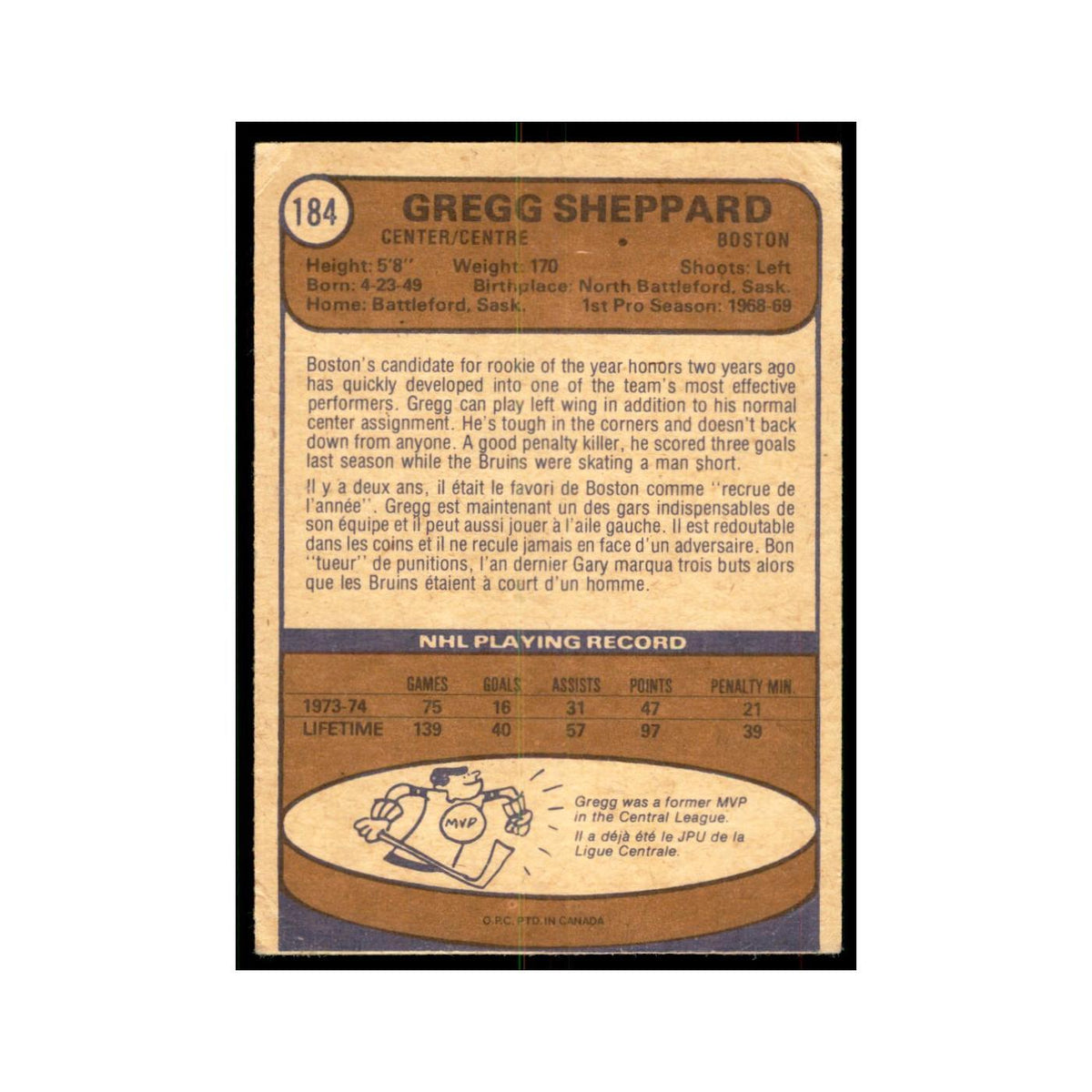 1974 O-Pee-Chee Gregg Sheppard (Damaged) Boston Bruins #184