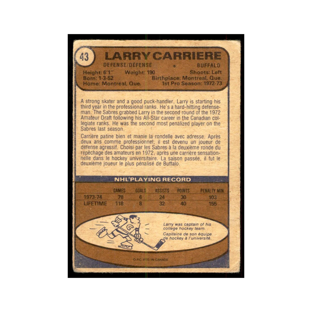 1974 O-Pee-Chee Larry Carriere (Damaged) Buffalo Sabres #43