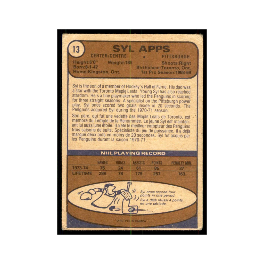 1974 O-Pee-Chee Syl Apps Jr. (Damaged) Pittsburgh Penguins #13
