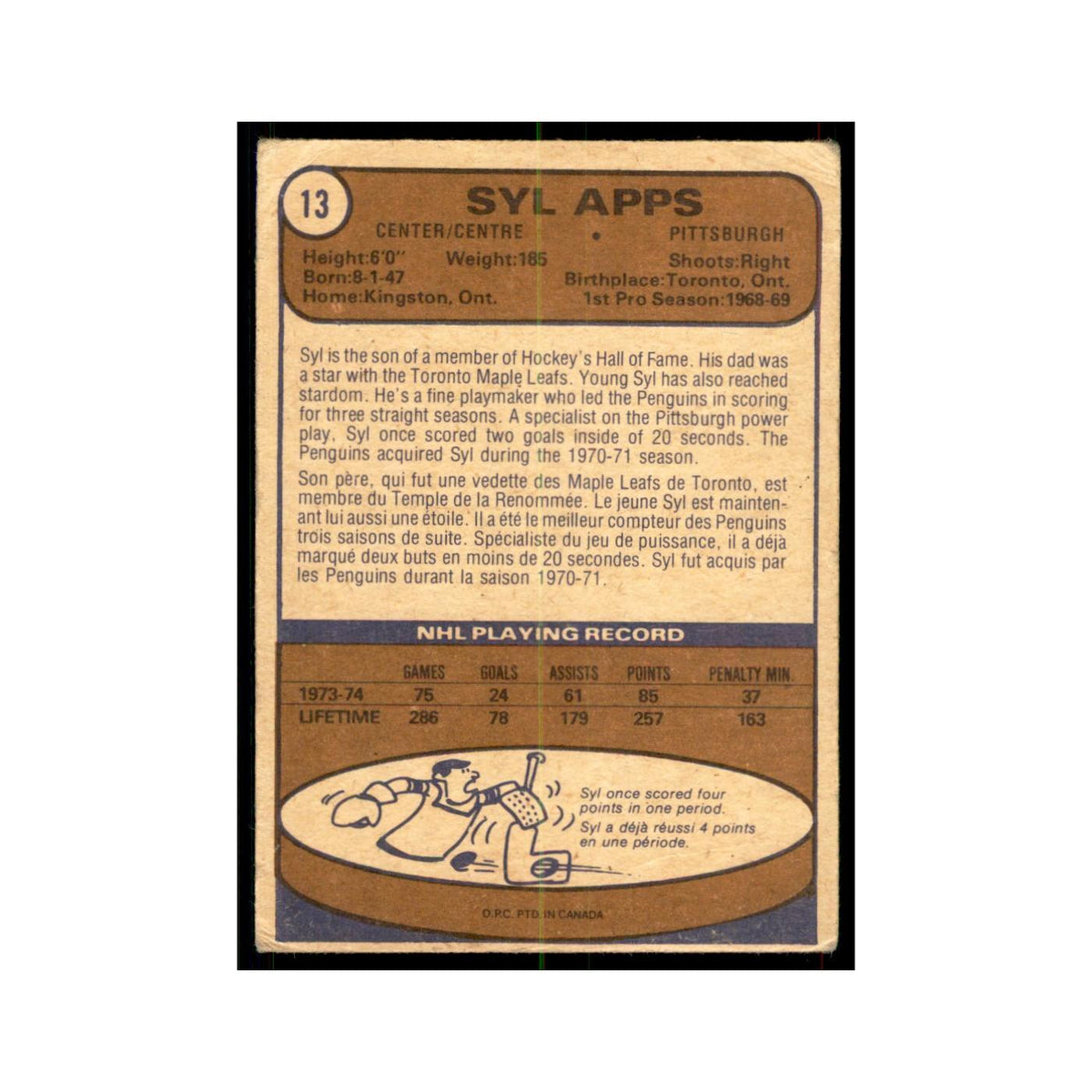 1974 O-Pee-Chee Syl Apps Jr. (Damaged) Pittsburgh Penguins #13