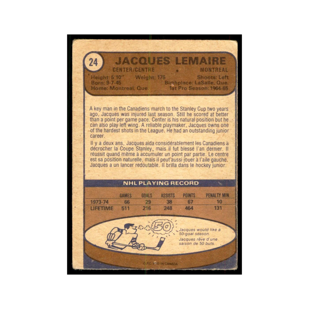 1974 O-Pee-Chee Jacques Lemaire (Damaged) Montreal Canadiens #24