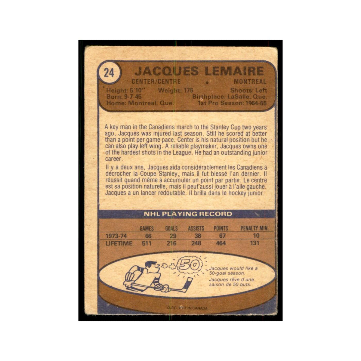 1974 O-Pee-Chee Jacques Lemaire (Damaged) Montreal Canadiens #24