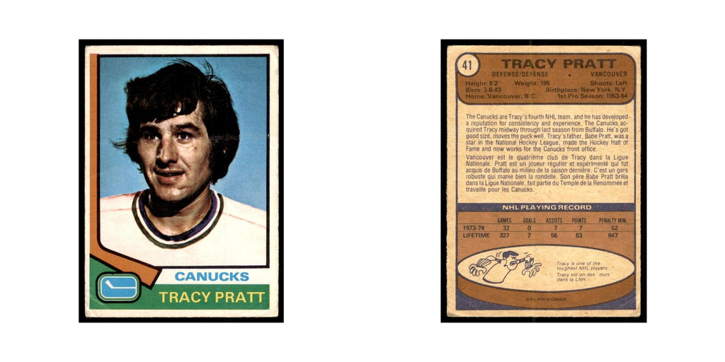 1974 O-Pee-Chee Tracy Pratt (Damaged) Vancouver Canucks #41