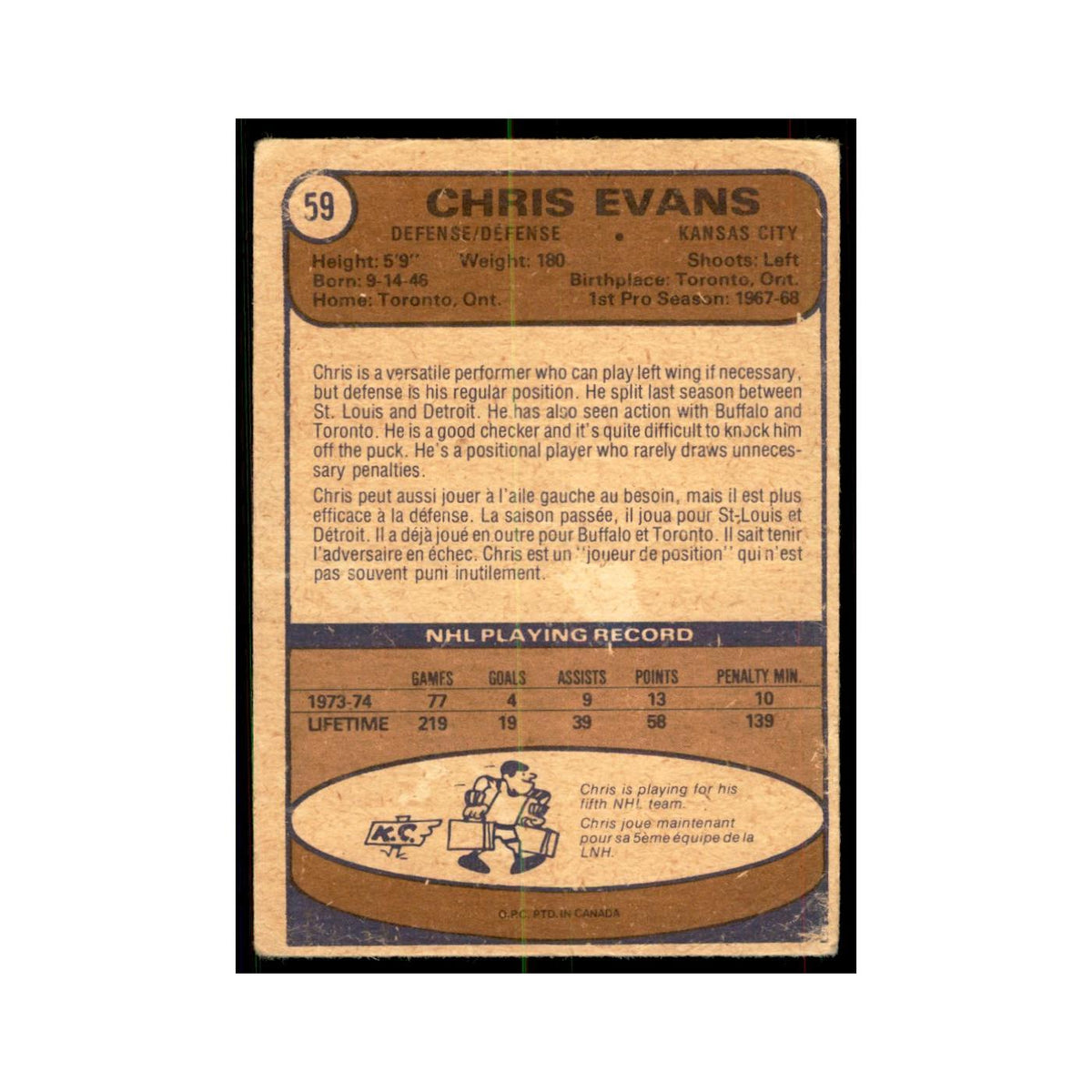 1974 O-Pee-Chee Chris Evans (Damaged) Kansas City Scouts #59