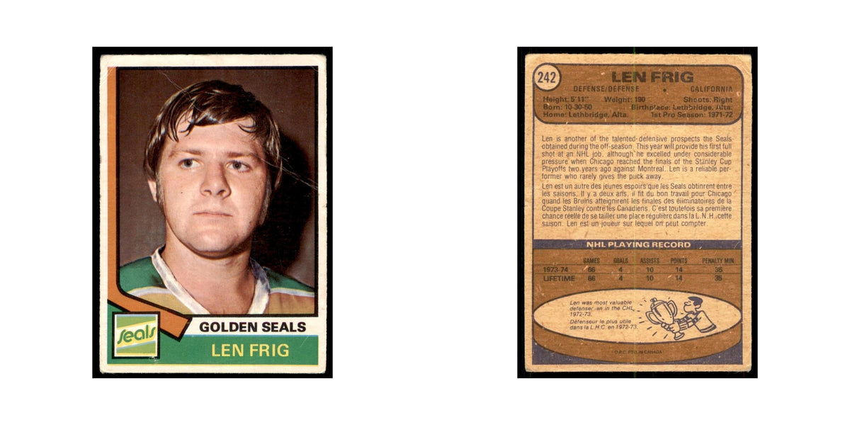 1974 O-Pee-Chee Len Frig RC (Damaged) California Golden Seals #242