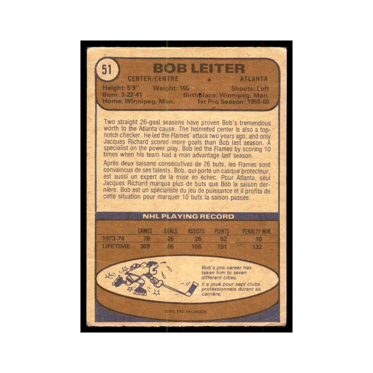1974 O-Pee-Chee Bob Leiter (Damaged) Atlanta Flames #51