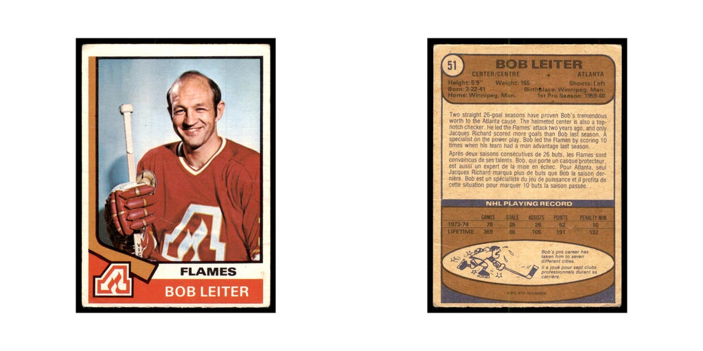 1974 O-Pee-Chee Bob Leiter (Damaged) Atlanta Flames #51