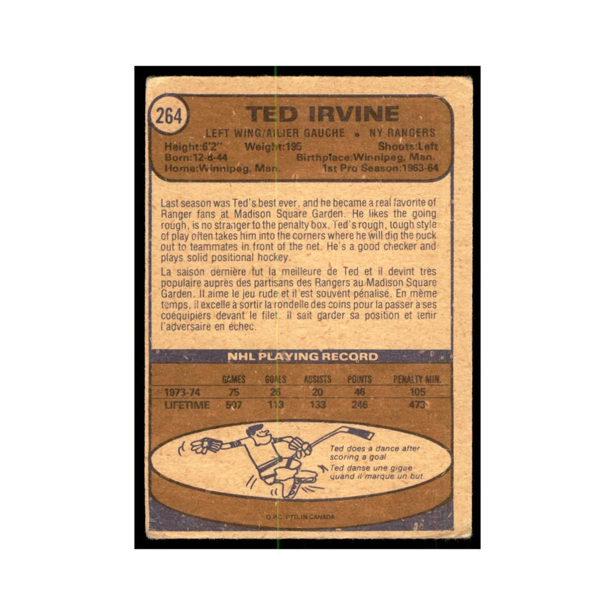 1974 O-Pee-Chee Ted Irvine (Damaged) New York Rangers #264