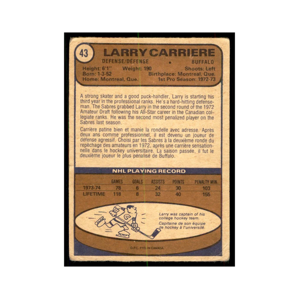 1974 O-Pee-Chee Larry Carriere (Damaged) Buffalo Sabres #43