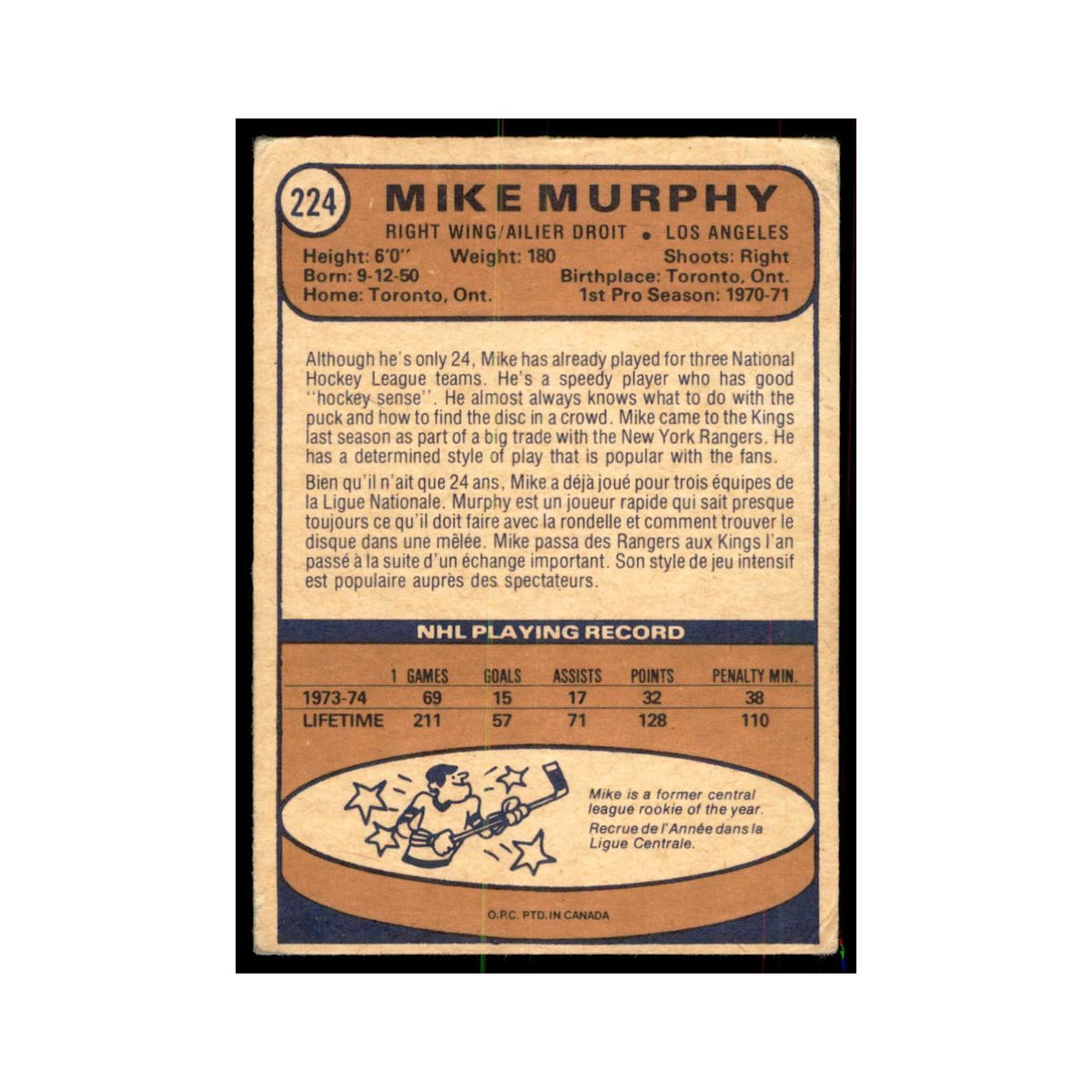 1974 O-Pee-Chee Mike Murphy (Damaged) Los Angeles Kings #224