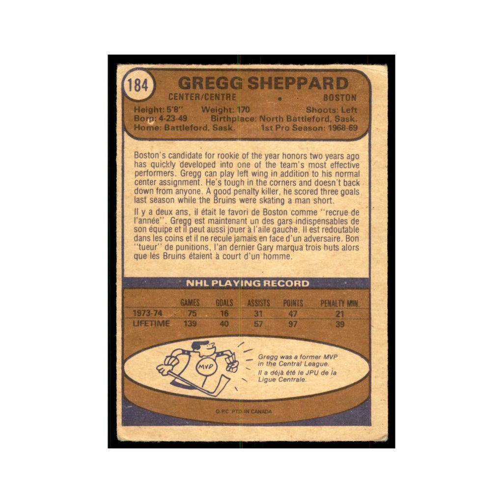 1974 O-Pee-Chee Gregg Sheppard (Damaged) Boston Bruins #184