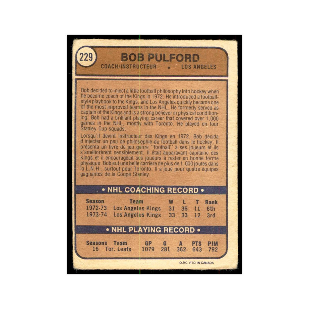 1974 O-Pee-Chee Bob Pulford (Damaged) Los Angeles Kings #229
