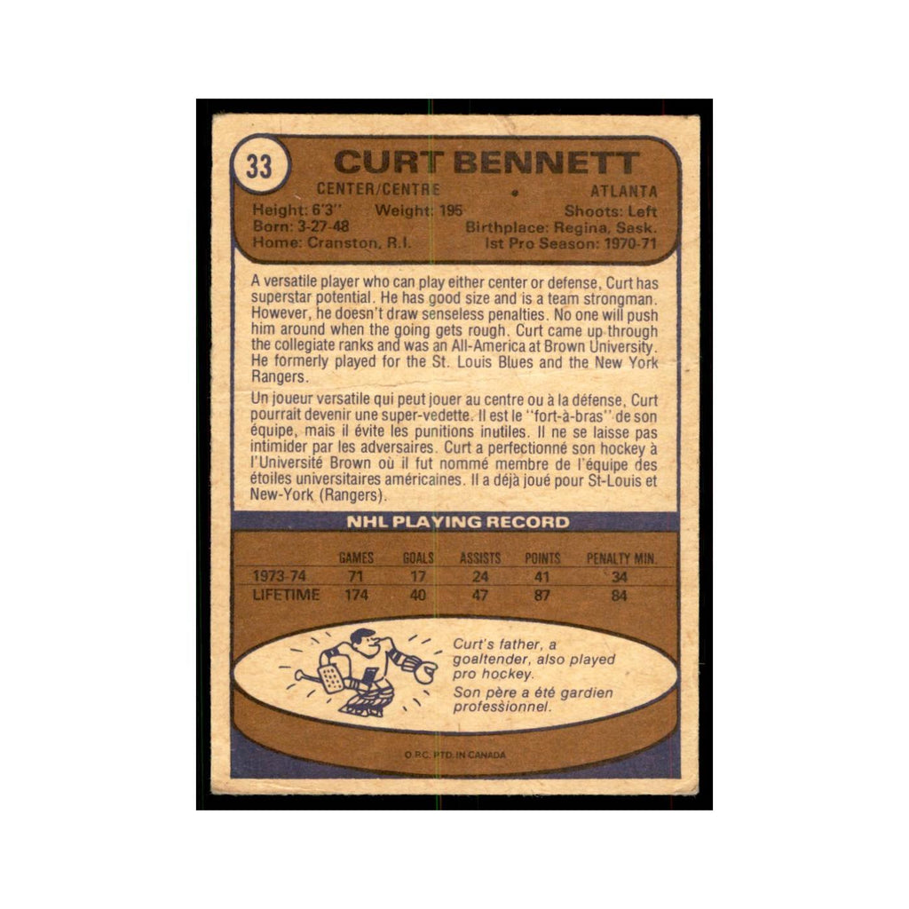 1974 O-Pee-Chee (damaged) Curt Bennett Atlanta Flames #33