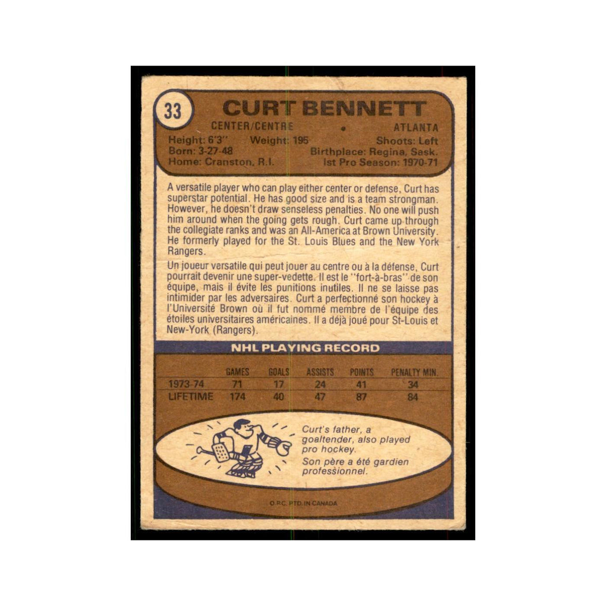1974 O-Pee-Chee (damaged) Curt Bennett Atlanta Flames #33