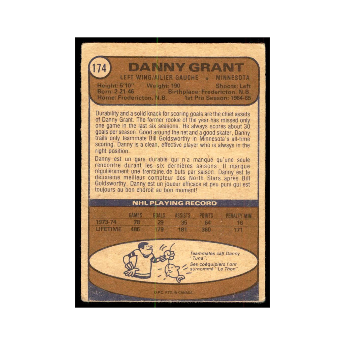 1974 O-Pee-Chee (damaged) Danny Grant Minnesota North Stars #174