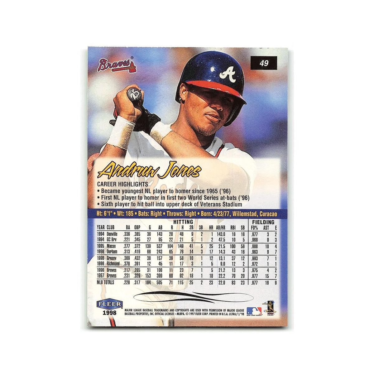 Anduw Jones 1998 Fleer Ultra #49 Detroit Tigers Baseball Card NM