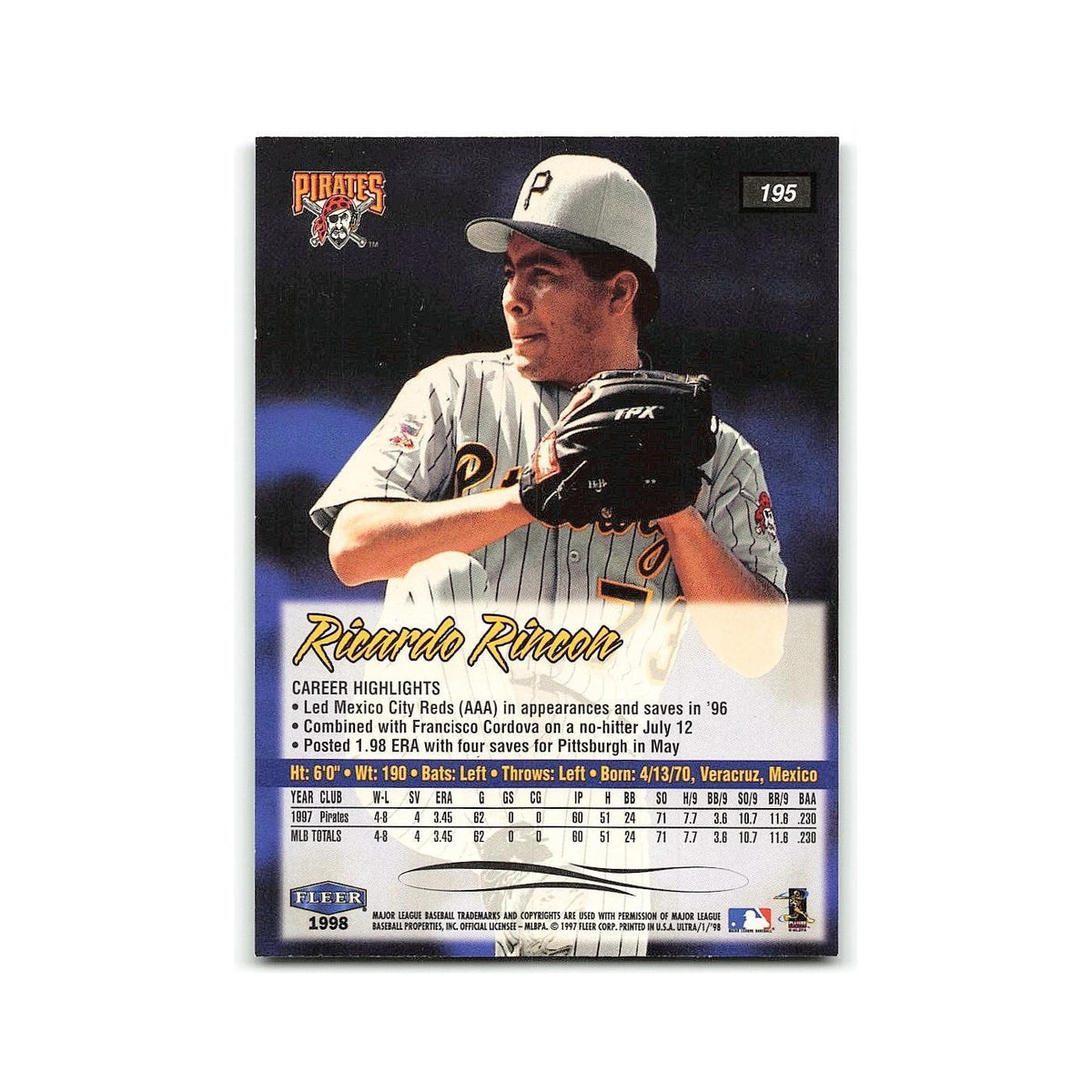 Ricardo Rincon 1998 Fleer Ultra #195 Pittsburgh Pirates Baseball Card NM