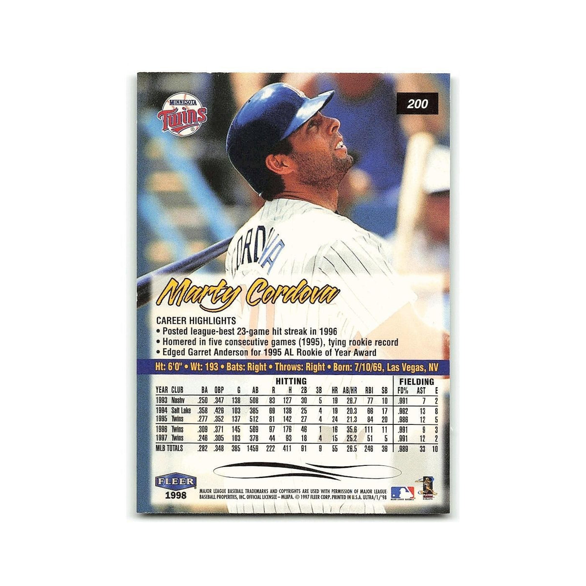 Marty Cordova 1998 Fleer Ultra #200 Minnesota Twins Baseball Card NM