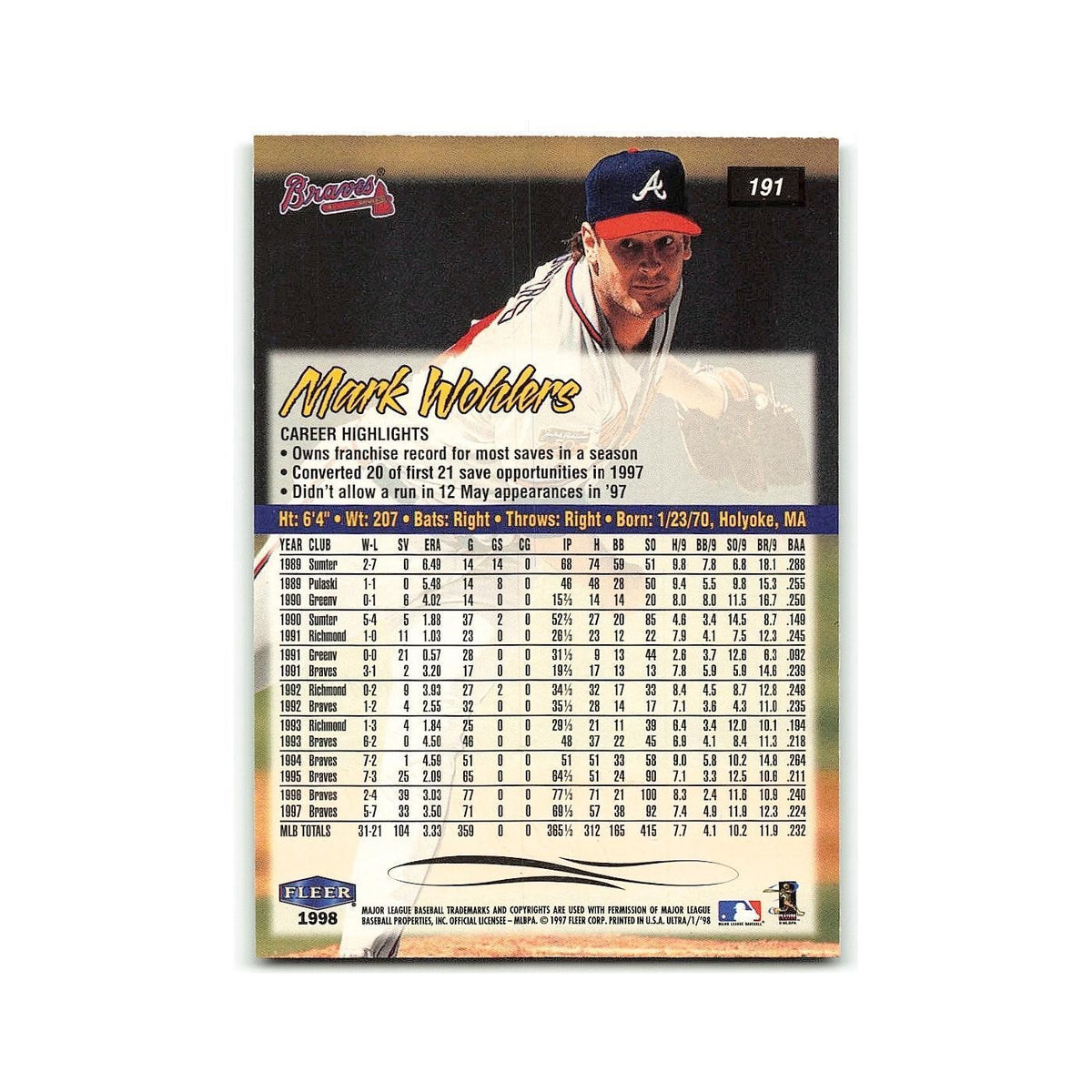 Mark Wohlers 1998 Fleer Ultra #191 Atlanta Braves Baseball Card NM
