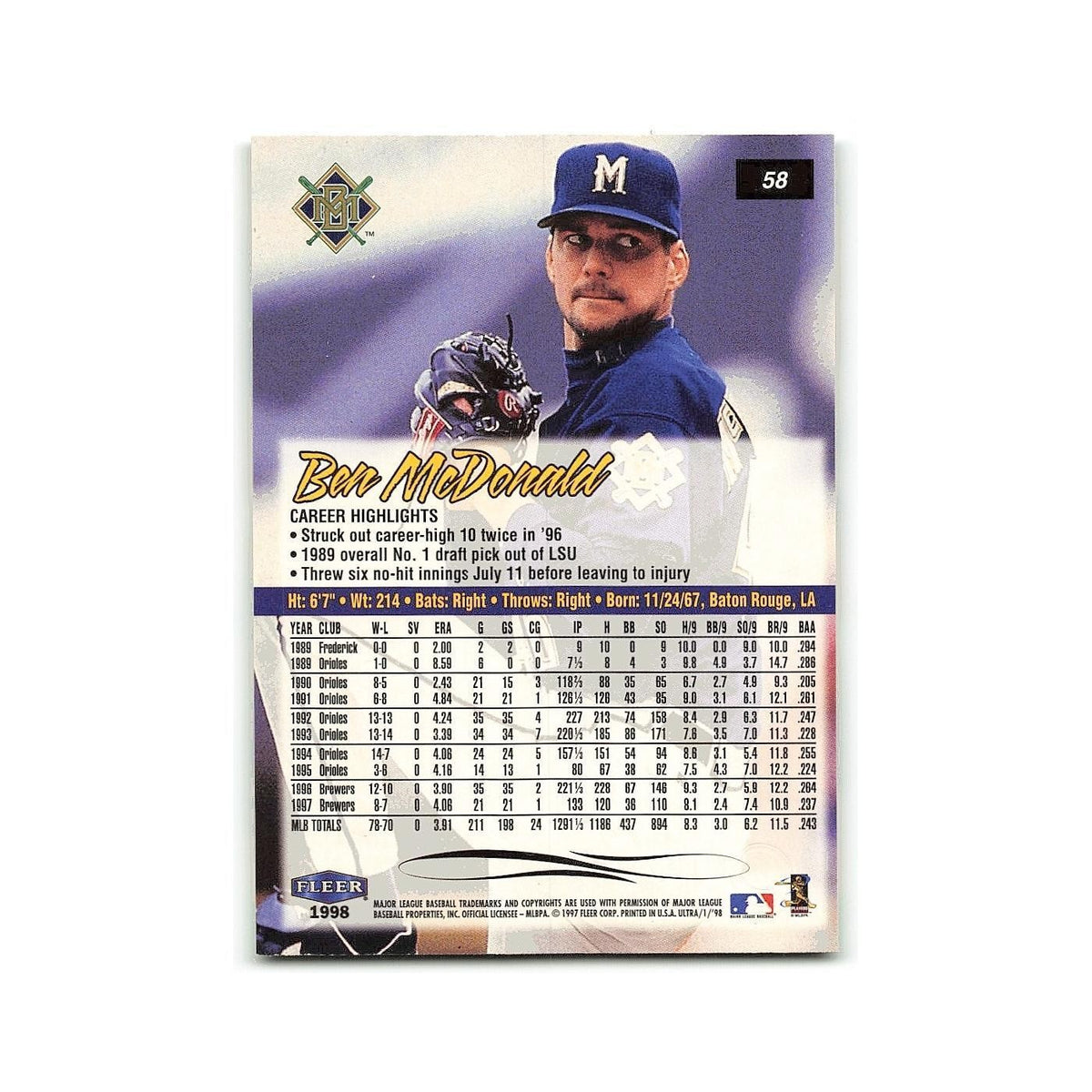 Ben McDonald 1998 Fleer Ultra #58 Milwaukee Brewers Baseball Card NM