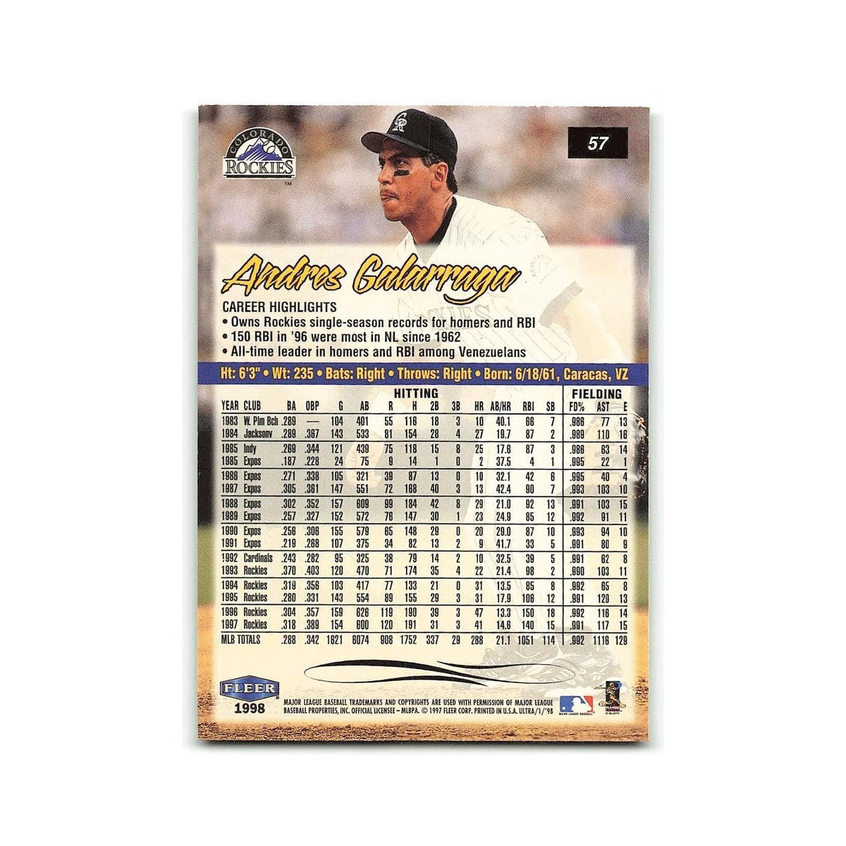 Andres Galarraga 1998 Fleer Ultra #57 Colorado Rockies Baseball Card NM