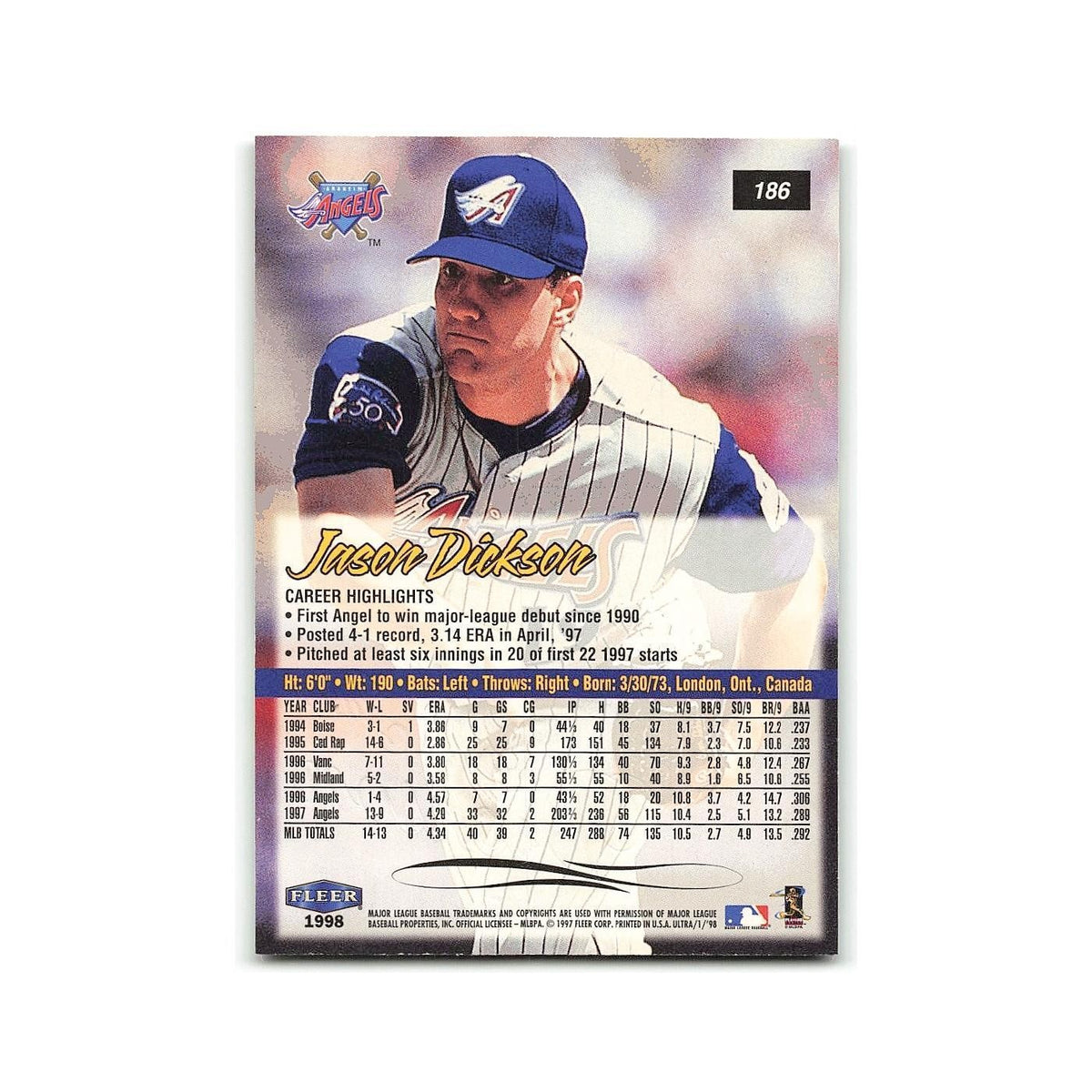 Jason Dickson 1998 Fleer Ultra #186 Anaheim Angels Baseball Card NM