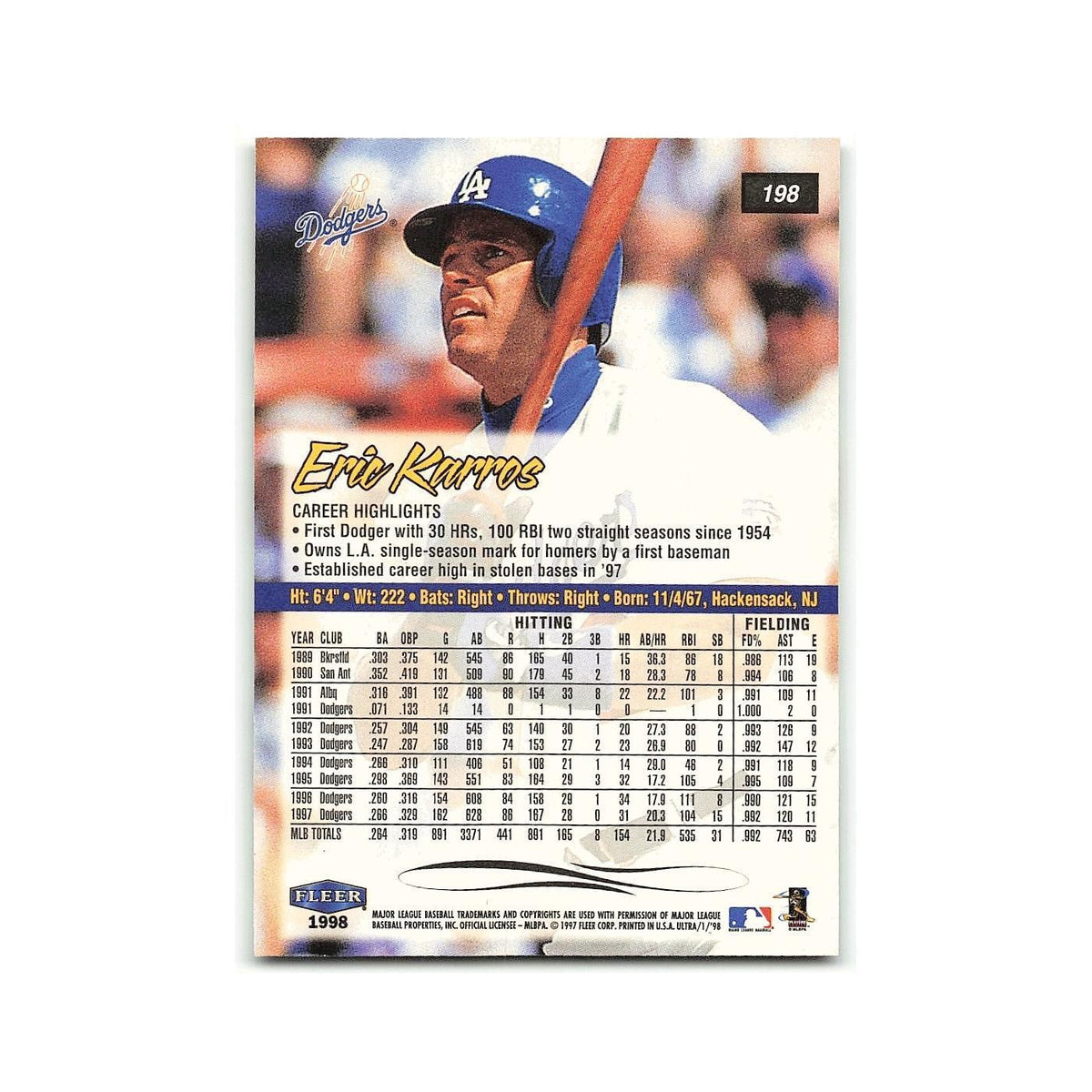 Erc Karros 1998 Fleer Ultra #198 Los Angeles Dodgers Baseball Card NM