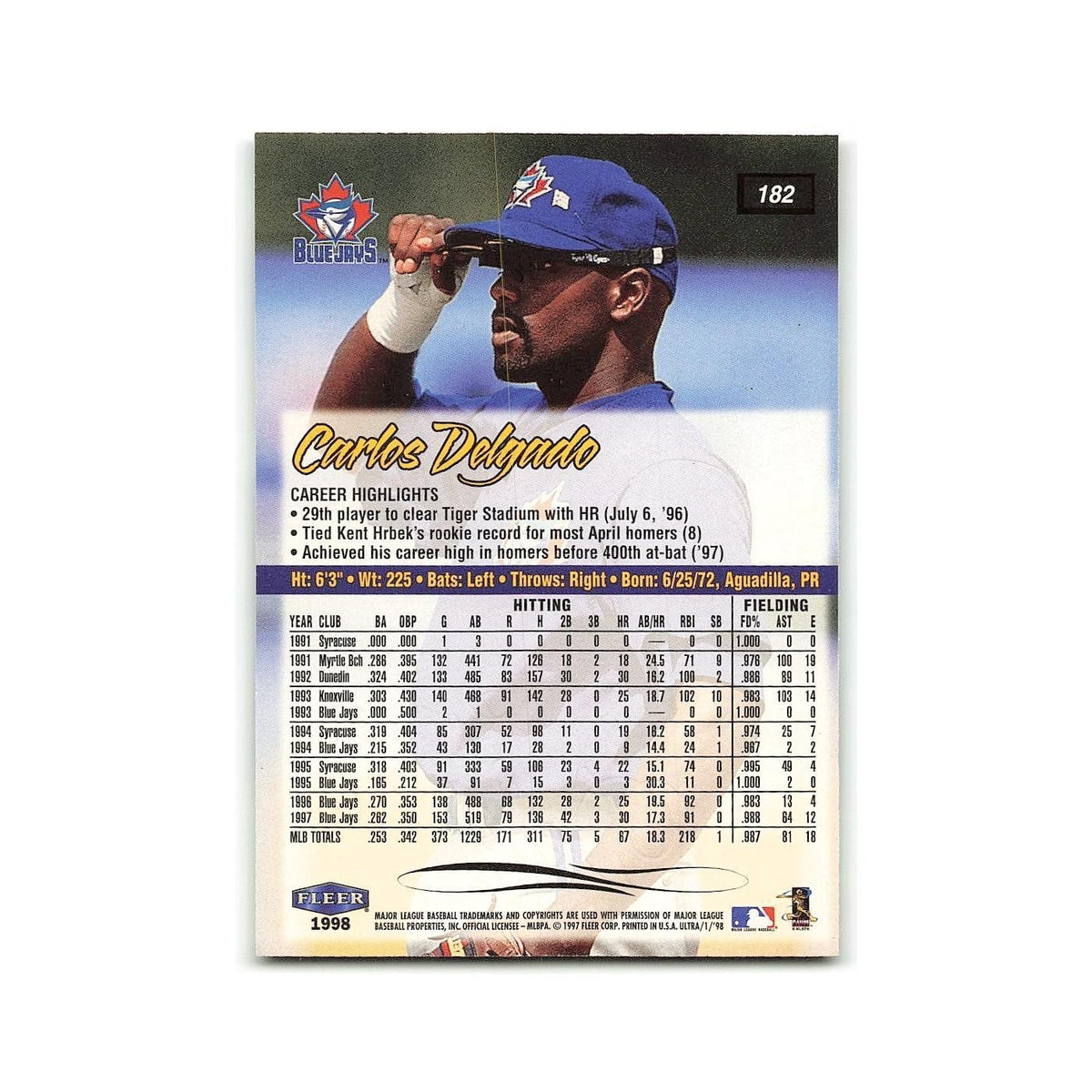 Carlos Delgado 1998 Fleer Ultra #182 Toronto Blue Jays Baseball Card NM