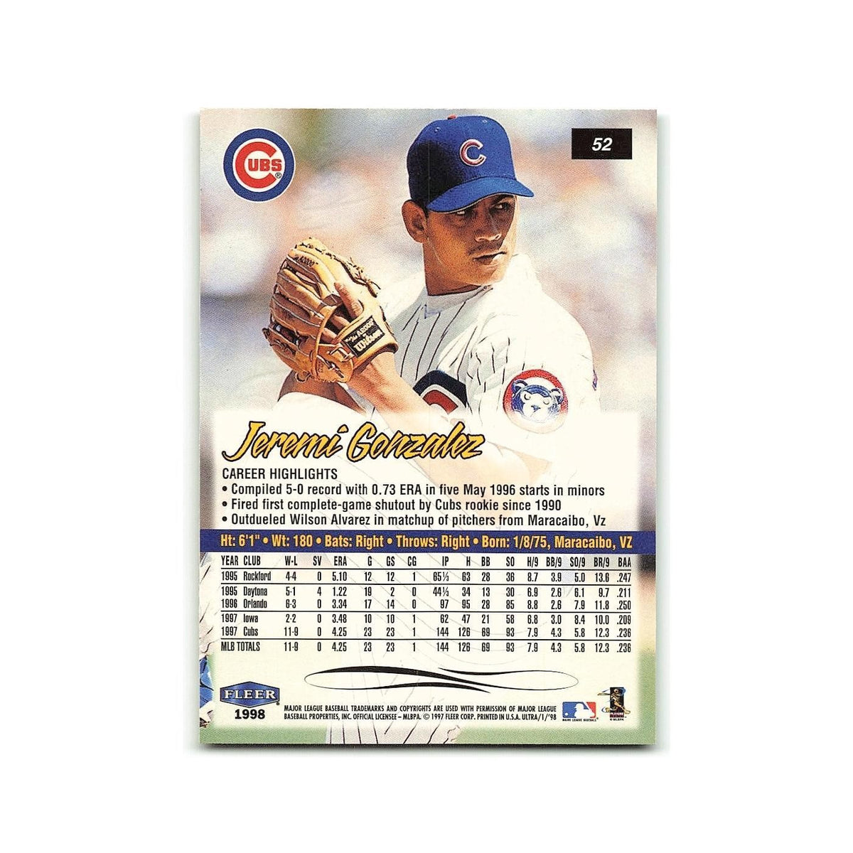 Jeremi Gonzalez 1998 Fleer Ultra #52 Chicago Cubs Baseball Card NM