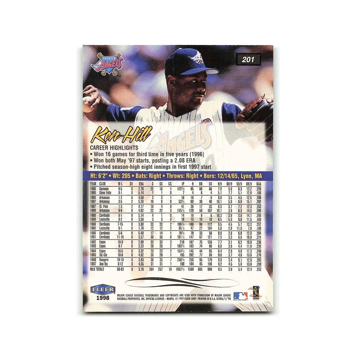 Ken Hill 1998 Fleer Ultra #201 Anaheim Angels Baseball Card NM