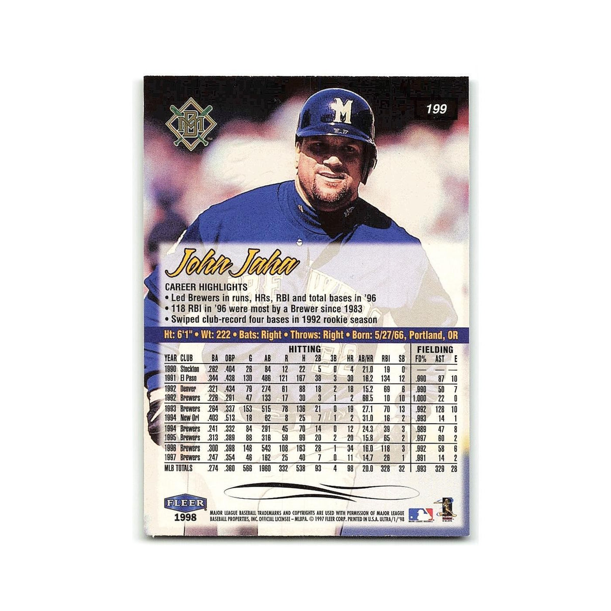 John Jaha 1998 Fleer Ultra #199 Milwaukee Creams Baseball Card NM