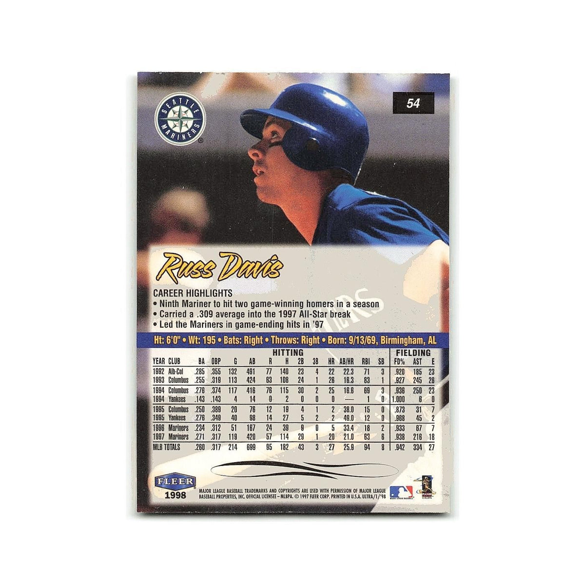 Russ Davis 1998 Fleer Ultra #54 Seattle Mariners Baseball Card NM