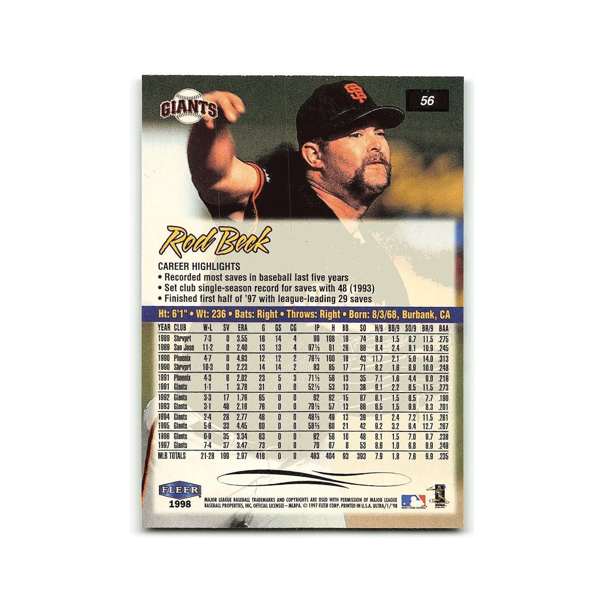 Rod Beck 1998 Fleer Ultra #56 San Francisco Giants Baseball Card NM